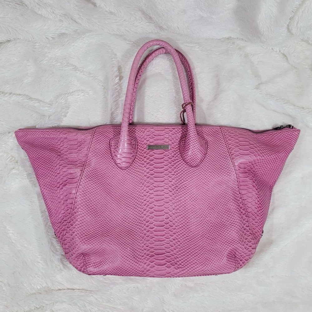 Charles Jourdan Croc Embossed Leather Satchel Bag in Bubblegum Pink - Picture 2 of 16